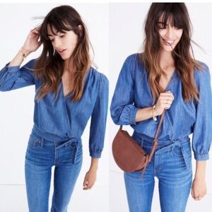 Madewell Blue Chambray tie waist Denim Wrap Top Size XXS cotton blend